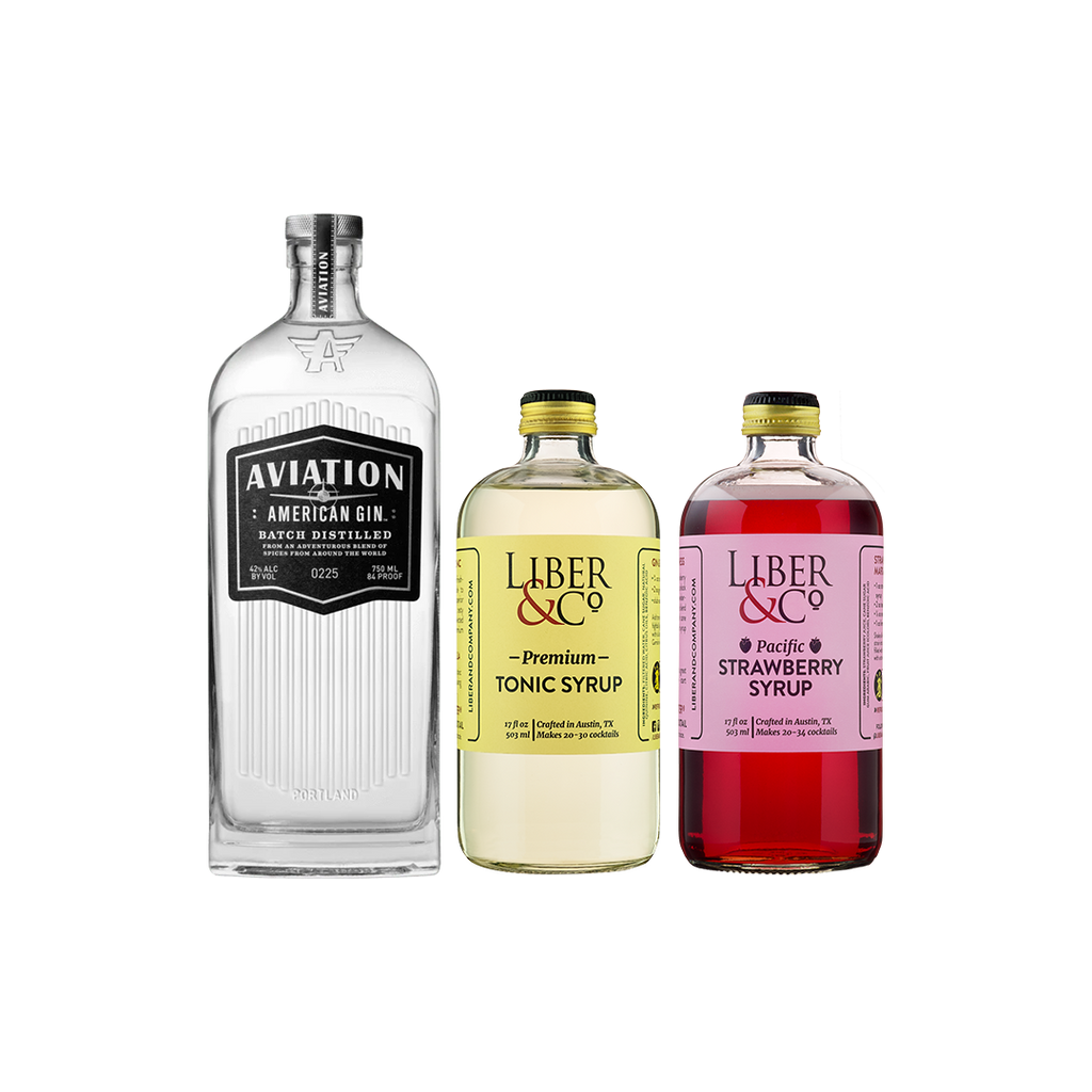 Bottles of Aviation Gin, Liber & Co. Tonic Syrup, Liber & Co. Strawberry Syrup.