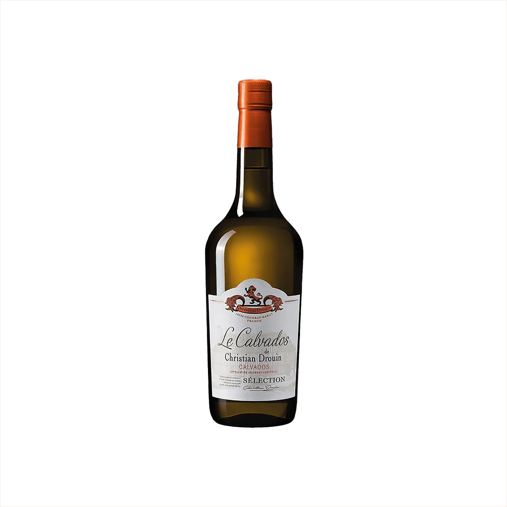 A yellow-hued glass bottle with an orange foil covering.  It looks not dissimilar to a wine bottle. The label is similar too, it reads: Le Calvados de Christian Drouin.  The label has lion illustration at the top and the whole thing is set against what looks like the backdrop of a great french manor house.