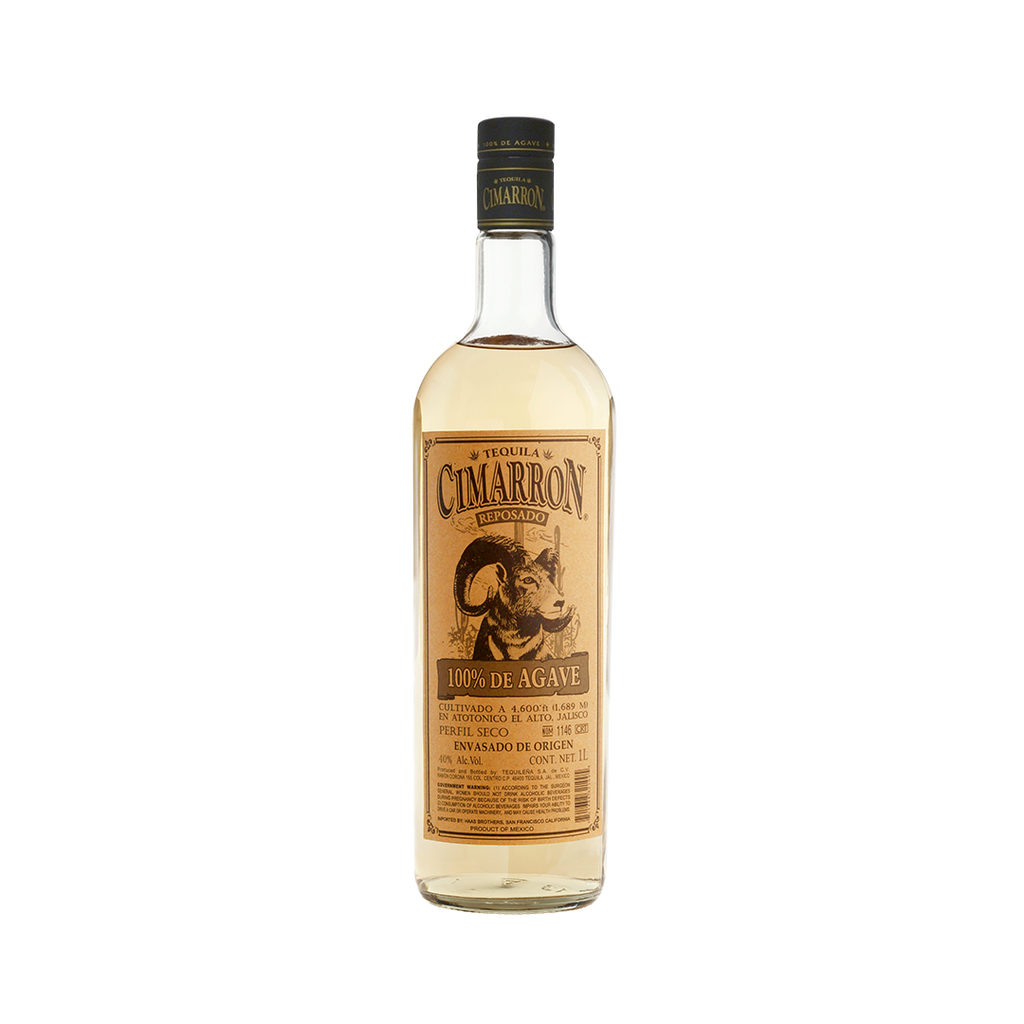 A bottle of Cimarron Reposado Tequila with a label showcasing the brand name and a graphic of a dragon, against a plain background.