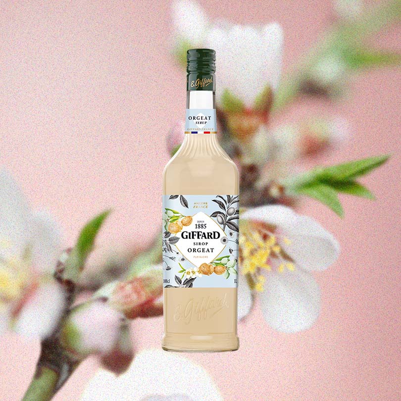 Bottle of Giffard Orgeat Syrup over backdrop of a flower.
