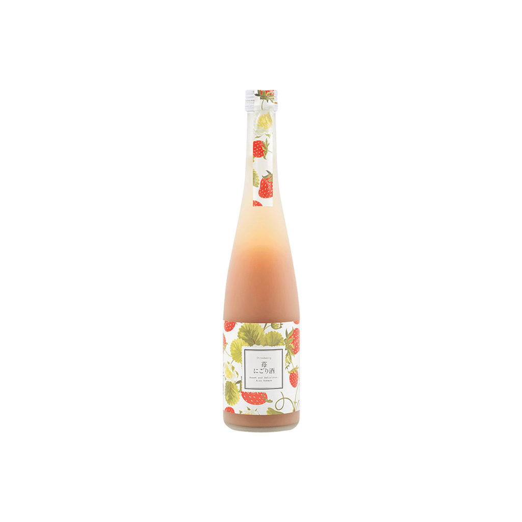 A bottle of Homare Strawberry Nigori Sake with a label featuring illustrations of strawberries and leaves on a white background.