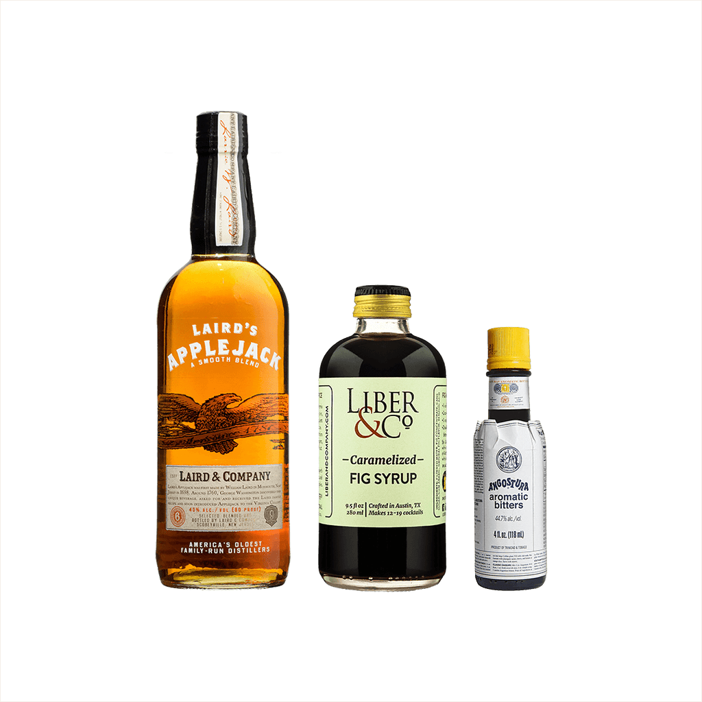 Bottles of Laird's Applejack, Liber & Co. Caramelized Fig Syrup, Angostura Aromatic Bitters.