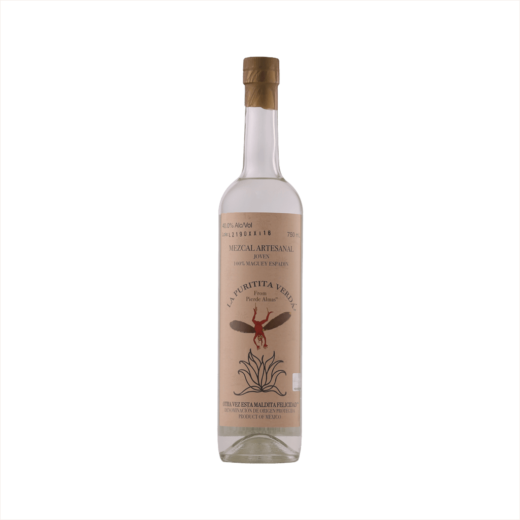 A tall thin bottle of mezcal with a craft paper label that reads: La Puritita Verda from Pierde Almas.  There's an illustration of a winged devil like creature diving into an agave plant.