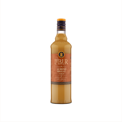 A bottle of Liber & Co. Almond Orgeat Syrup with a label showcasing the brand and product name, set against a plain background. product image