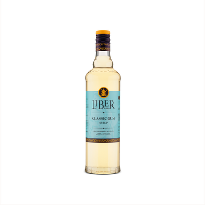 A bottle of Liber & Co. Classic Gum Syrup with a label in shades of blue and white, displaying the brand name and product name. product image