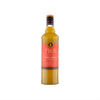 Bottle of fiery ginger syrup with a red label on a white background product image