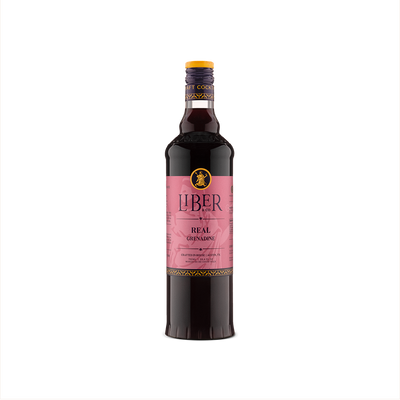 A bottle of Liber & Co. Real Grenadine with a pink label, showcasing the product's premium quality and pomegranate flavor. product image