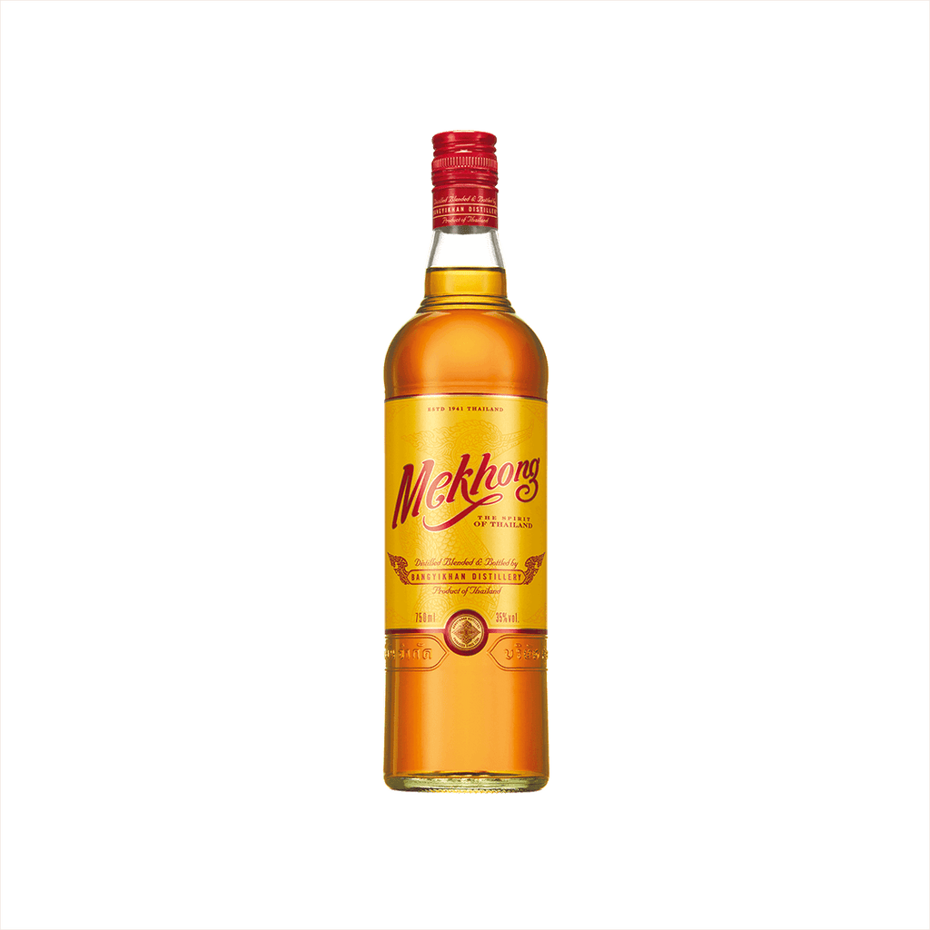 A large caramel colored bottle of liquid with a red screwtop cap.  The label says: Mekhong The Spirit of Thailand.