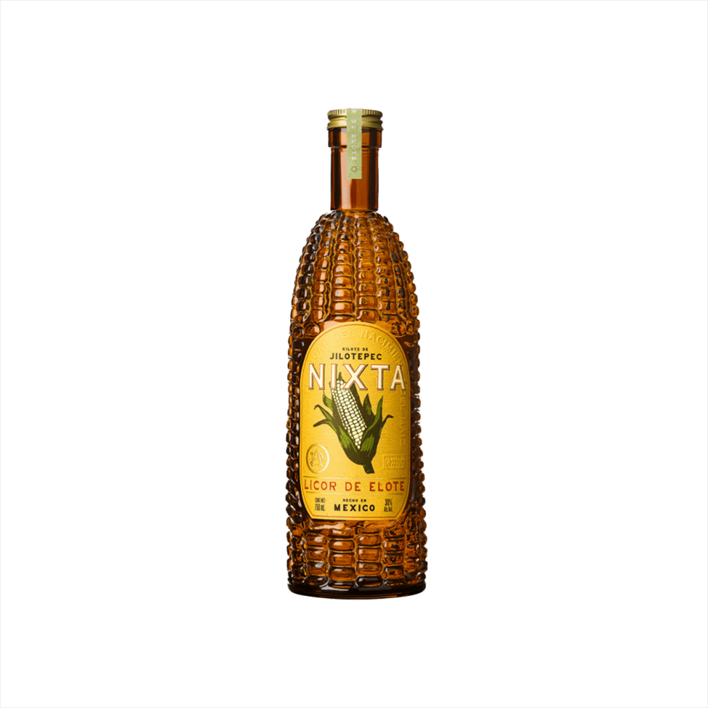 A bottle of rich yellow looking alcohol. The bottle itself has the shape and texture of a corn cob. The label reads: Nixta Licor de Elote. Hecho En Mexico.