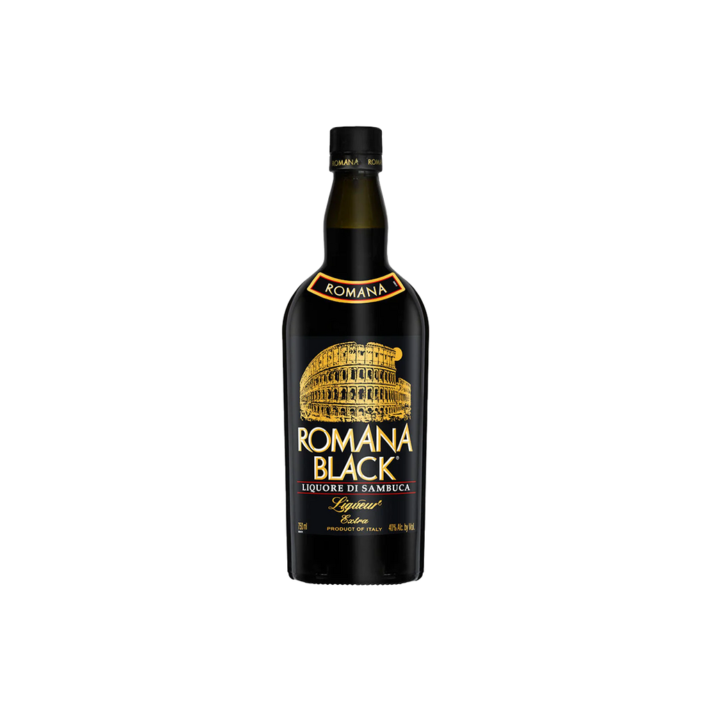 Bottle of Romana Black Sambuca Liqueur.