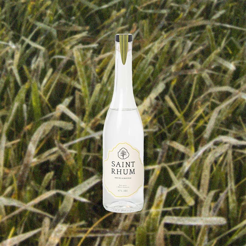 Bottle of Bottle of Saint Rhum Rum over backdrop image of green grass.