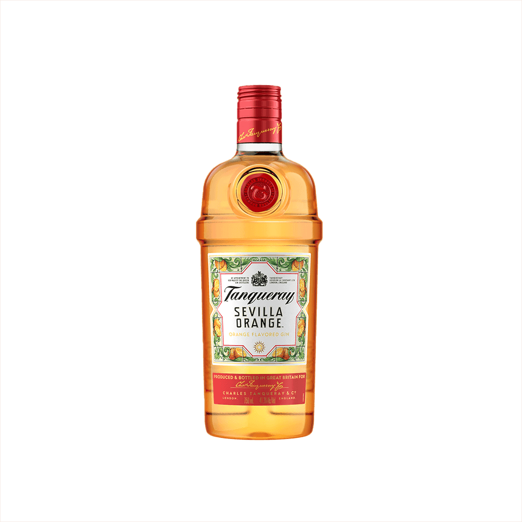 A lovely bright orange colored glass bottle in the familiar shape of classic Tanqueray gin. The foil cap is red, and the label reads: Tanqueray Sevilla Orange. Orange Flavored Gin.  It is surrounded by a border of illustrated orange slices and orange blossoms.