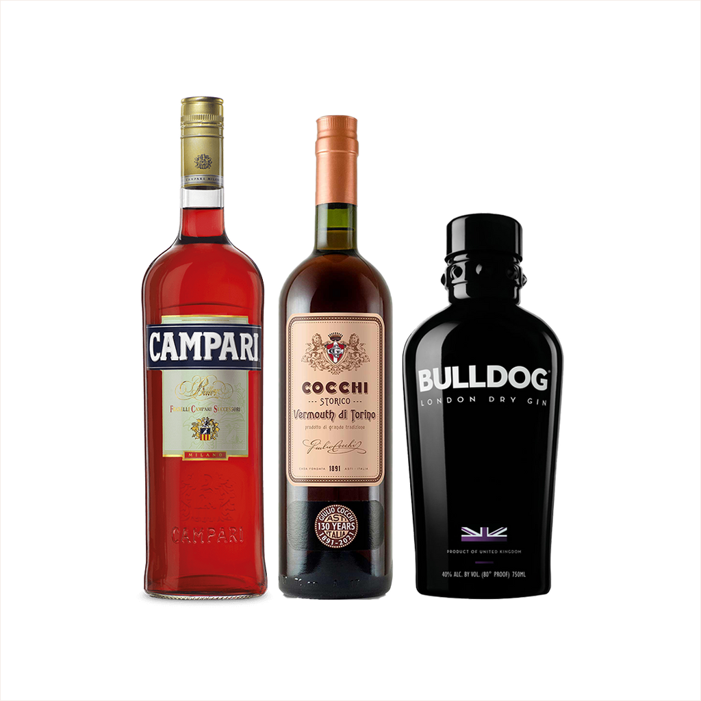 Bottle of Campari + Bulldog London Dry Gin + Cocchi Vermouth di Torino