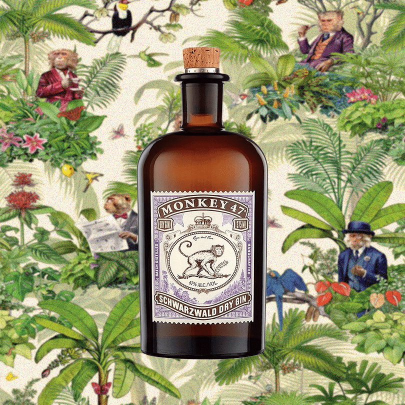 Bottle of Monkey 47 Schwarzwald Dry Gin over backdrop of quirky monkey characters and plants