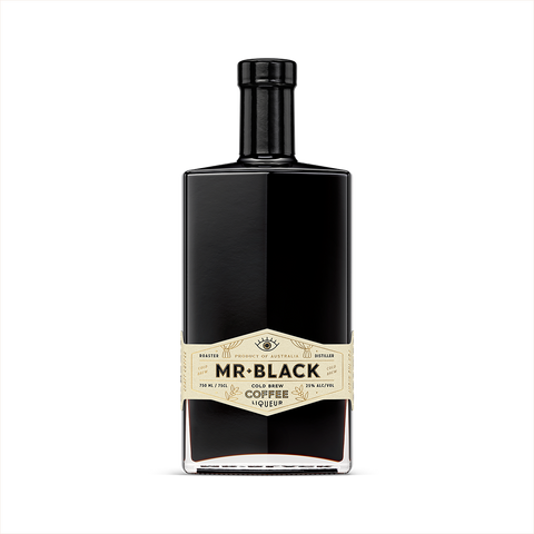 Bottle image of Mr Black Cold Brew Coffee Liqueur. The 750ml bottle is rectangular with a rounded stem.