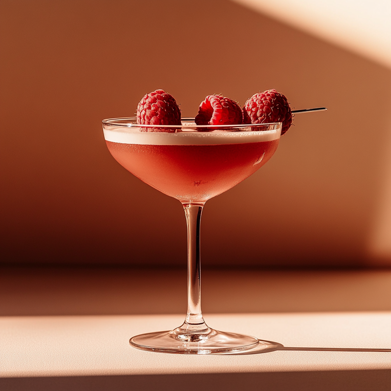 A photo of the Bloodhound cocktail containing Raspberries, Beefeater London Dry Gin, Noilly Prat Dry Vermouth, Martini & Rossi Rosso Sweet Vermouth, Luxardo Maraschino Liqueur in a Martini.