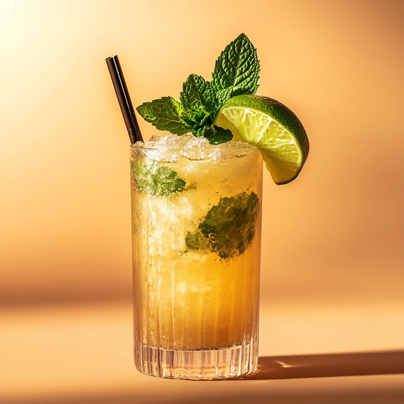A photo of the Queen's Park Swizzle cocktail containing Mint leaves, Flor de Caña 4 Year Old Añejo Oro Rum, Freshly squeezed lime juice, Liber & Co. Demerara Gum Syrup, Angostura Aromatic Bitters in a Collins.