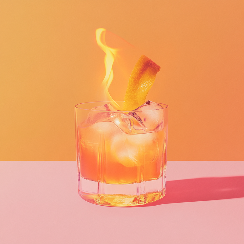 A photo of the Flaming Agave Twist cocktail containing Milagro Reposado Tequila, Del Maguey Vida Mezcal, AquaRiva Organic Agave Syrup, Angostura Aromatic Bitters in a Old-Fashioned.