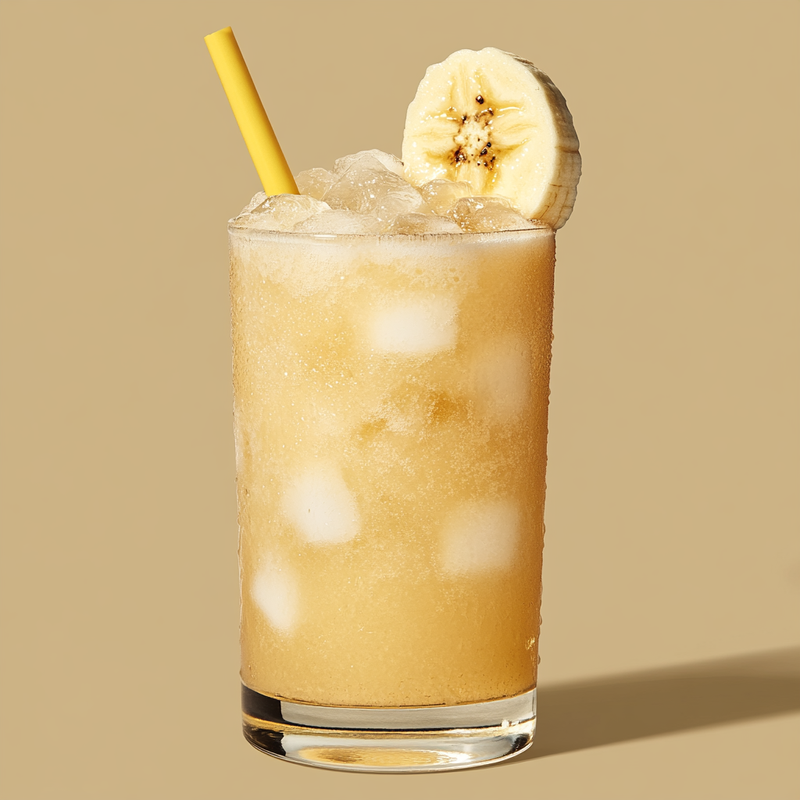 A photo of the Batida de Banana cocktail containing Novo Fogo Chameleon Cachaça, Banana (peeled), Condensed milk in a Collins.