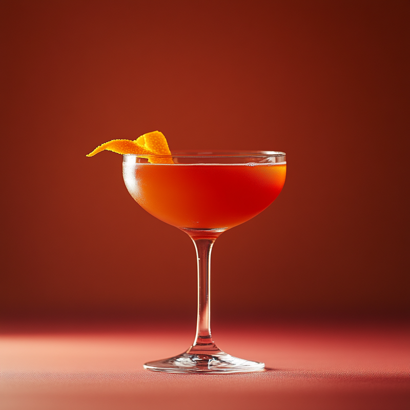 A photo of the Scarlet Squeeze cocktail containing Beefeater London Dry Gin, Campari Aperitivo, Noilly Prat Dry Vermouth, Blood orange juice in a Coupe.