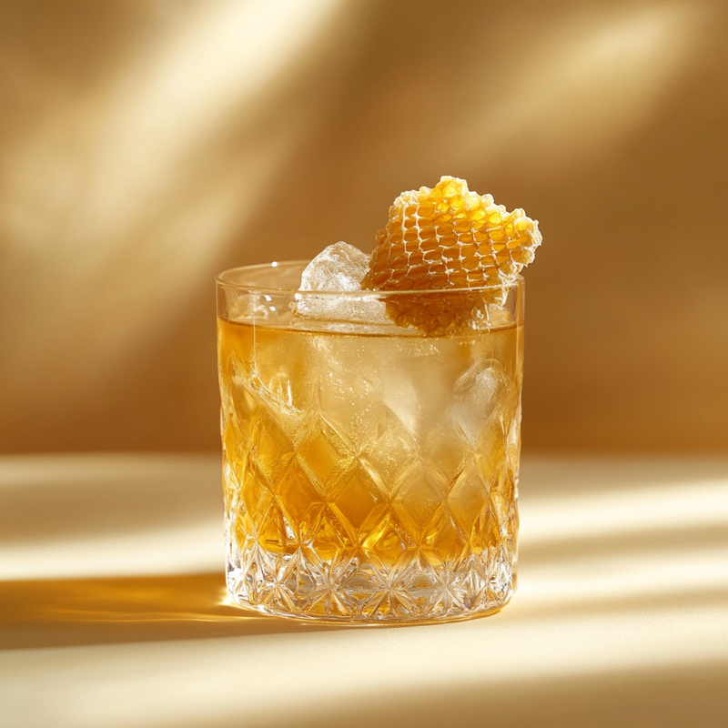 A photo of the Golden Hive Old-Fashioned cocktail containing Flor de Caña 4 Year Old Añejo Oro Rum, Honey water (1:1), Angostura Aromatic Bitters in a Old-Fashioned.