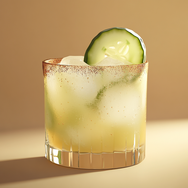 A photo of the Cucumber Mezcal Cooler cocktail containing English cucumber peeled, Salt, Del Maguey Vida Mezcal, Suze Aperitif, Liber & Co. Demerara Gum Syrup, Freshly squeezed pink grapefruit juice in a Old-Fashioned.