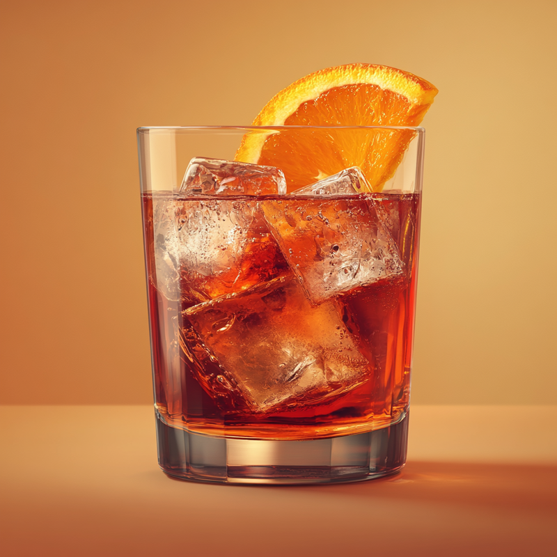 A photo of the Dutch Negroni cocktail containing Bols Genever, Campari Aperitivo, Martini & Rossi Rosso Sweet Vermouth in a Old-Fashioned.