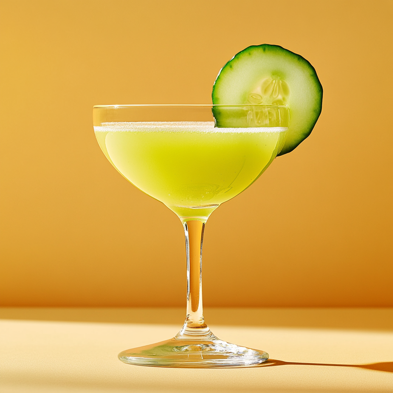 A photo of the Elderflower Tonic cocktail containing English cucumber peeled, Beefeater London Dry Gin, St-Germain Elderflower Liqueur, Pressed apple juice in a Martini.