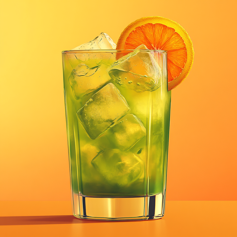 A photo of the Green Citrus Fizz cocktail containing Chartreuse Green, Freshly squeezed orange juice, Angostura Aromatic Bitters, Tonic water in a Collins.
