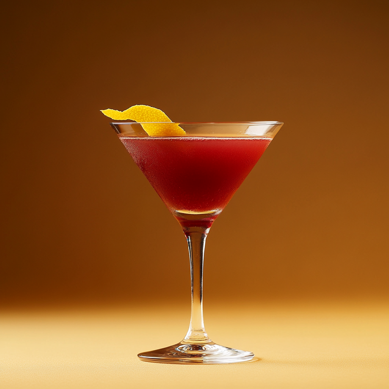 A photo of the The Crow Cocktail cocktail containing Compass Box Great King Street Artist's Blend Scotch, Freshly squeezed lemon juice, Liber & Co. Real Grenadine in a Martini.