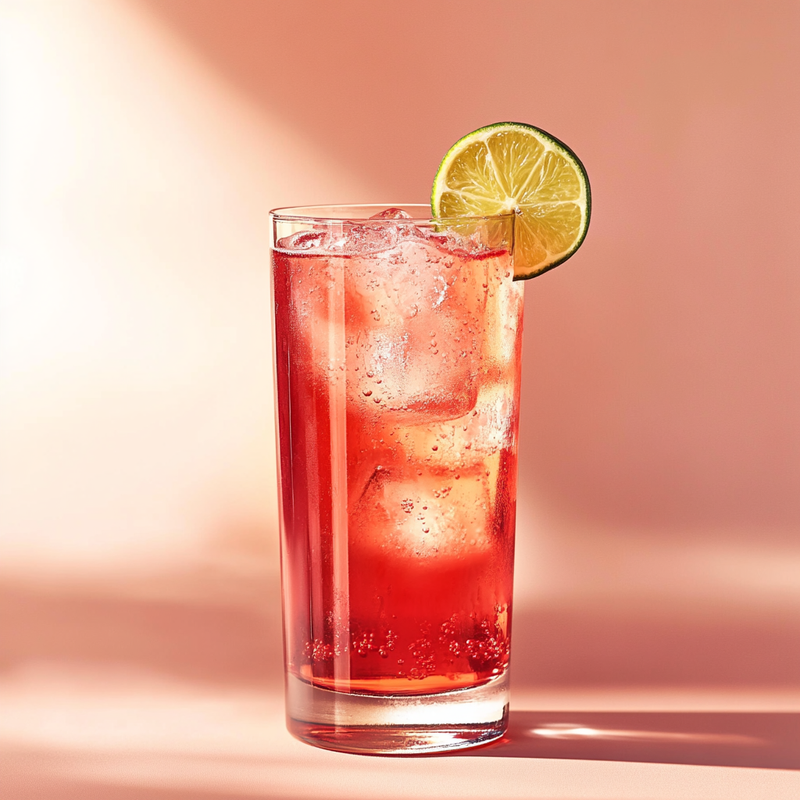 A photo of the Dixie Sunset Sangaree cocktail containing Southern Comfort, Campari Aperitivo, Freshly squeezed lime juice, Cranberry juice in a Collins.