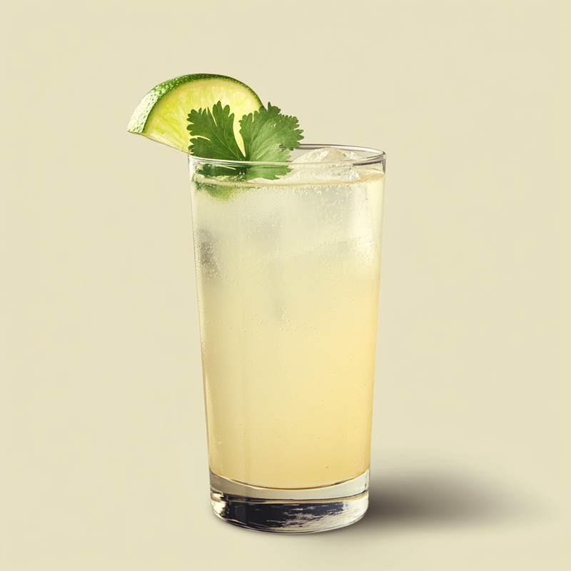A photo of the Cilantro Lime Spritz cocktail containing Coriander (cilantro) leaves, Freshly squeezed lime juice, Giffard Orgeat Syrup, Three Cents Ginger Beer in a Collins.
