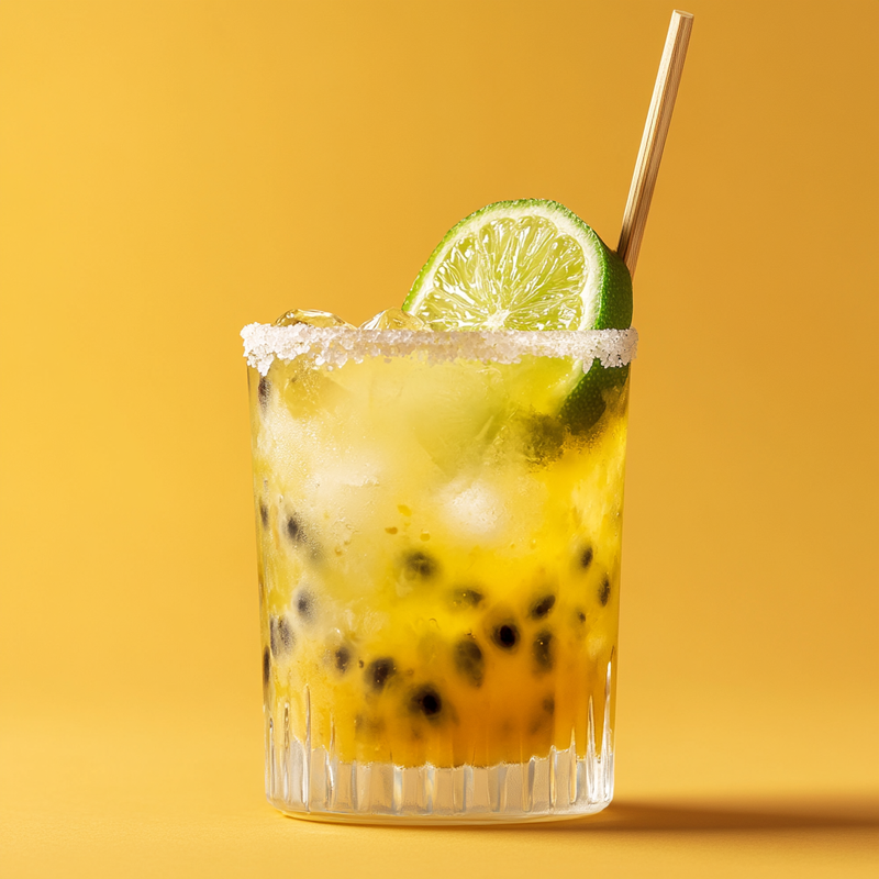 A photo of the Tropical Samba Sipper cocktail containing Fresh lime (chopped wedges), Caster sugar, Passion fruit (fresh fruit), Novo Fogo Chameleon Cachaça in a Highball.