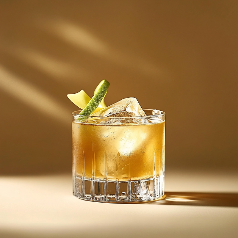 A photo of the Celtic Caipirinha cocktail containing Novo Fogo Chameleon Cachaça, Compass Box Great King Street Artist's Blend Scotch, Drambuie Liqueur in a Old-Fashioned.