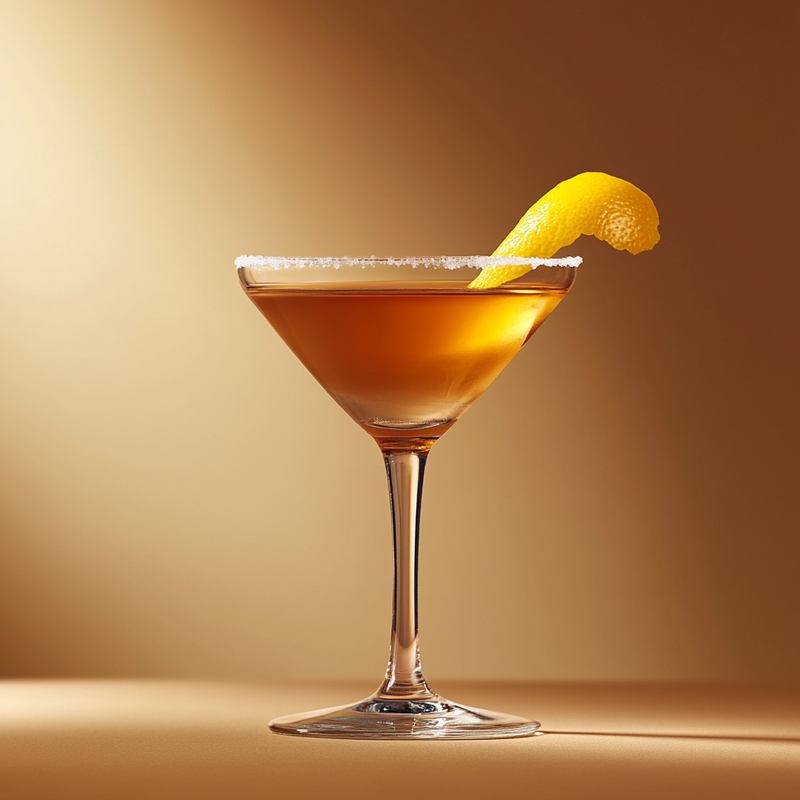 A photo of the Citrus Cognac Rhapsody cocktail containing Hennessy V.S. Cognac, Pierre Ferrand Dry Curaçao, Lustau Don Nuno Oloroso Dry Sherry, Chilled water (reduce if wet ice) in a Martini.