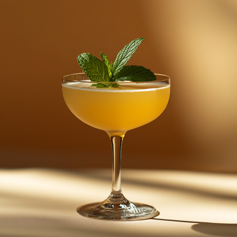 A photo of the Tequila Herb Garden cocktail containing Mint leaves, Milagro Reposado Tequila, Chartreuse Yellow, Suze Aperitif, Freshly squeezed lemon juice in a Nick & Nora.
