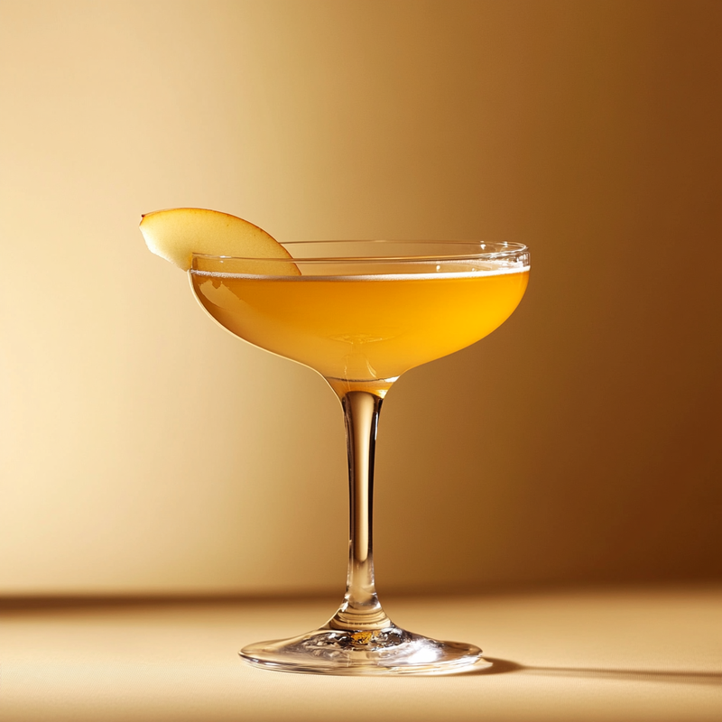 A photo of the Autumn Orchard Martini cocktail containing Roger Groult 3 Year Reserve Pays D'Auge Calvados, Martini & Rossi Rosso Sweet Vermouth, Noilly Prat Dry Vermouth, Maple syrup, Angostura Aromatic Bitters, Peychaud's Bitters in a Martini.