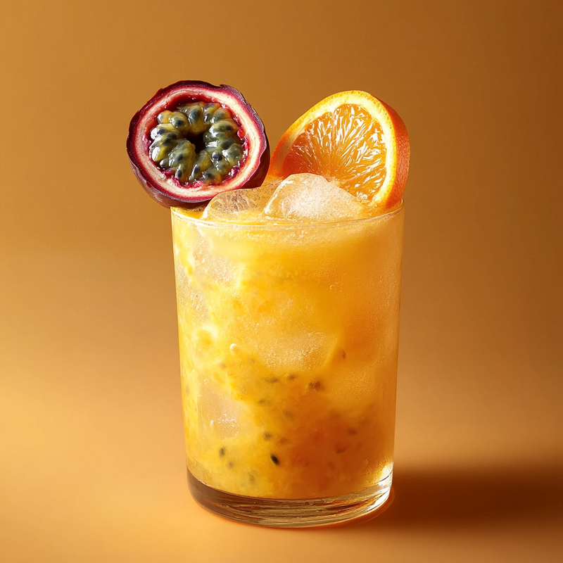 A photo of the Passion Breeze cocktail containing Passion fruit (fresh fruit), Ketel One Vodka, Chinola Passion Fruit Liqueur, Freshly squeezed orange juice, Ginger ale in a Collins.