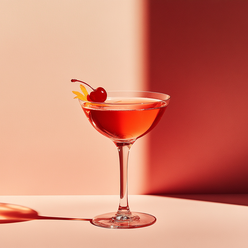 A photo of the Cherry Boulevardier cocktail containing Luxardo Sour Cherry Gin, Martini & Rossi Rosso Sweet Vermouth, Luxardo Maraschino Liqueur, Angostura Aromatic Bitters in a Coupe.