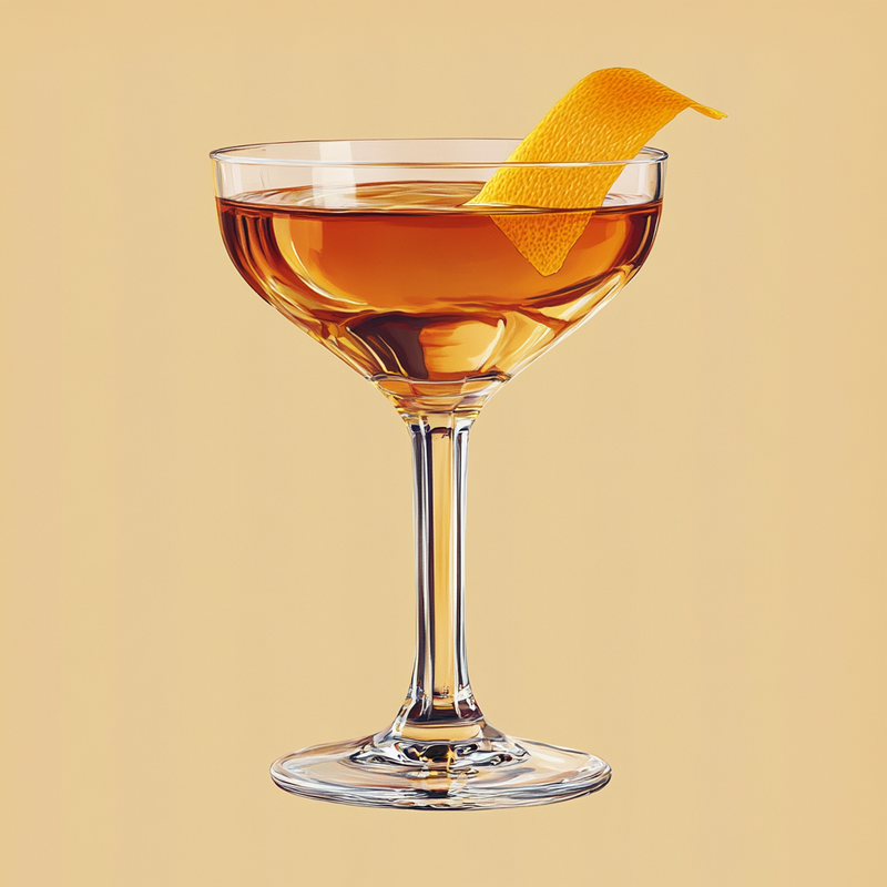 A photo of the Witching Hour Manhattan cocktail containing Strega Liquore, Fernet-Branca Amaro Liqueur, Martini & Rossi Rosso Sweet Vermouth in a Nick & Nora.