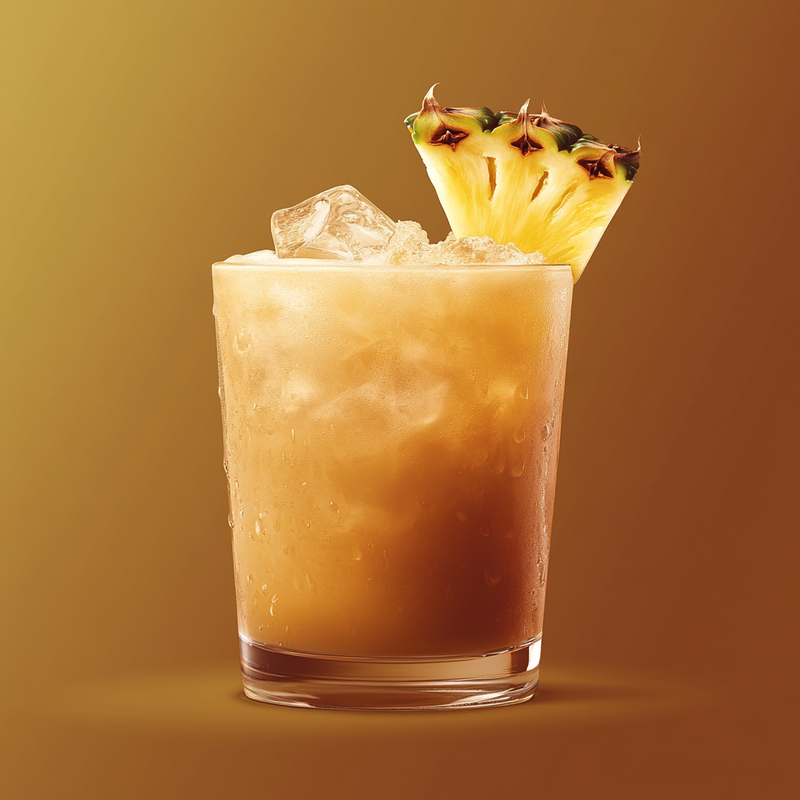 A photo of the Piña Mochada cocktail containing Planteray 3 Stars White Rum, Giffard Crème de Cacao Liqueur, Mr Black Cold Brew Coffee Liqueur, Fresh pressed pineapple juice in a Collins.
