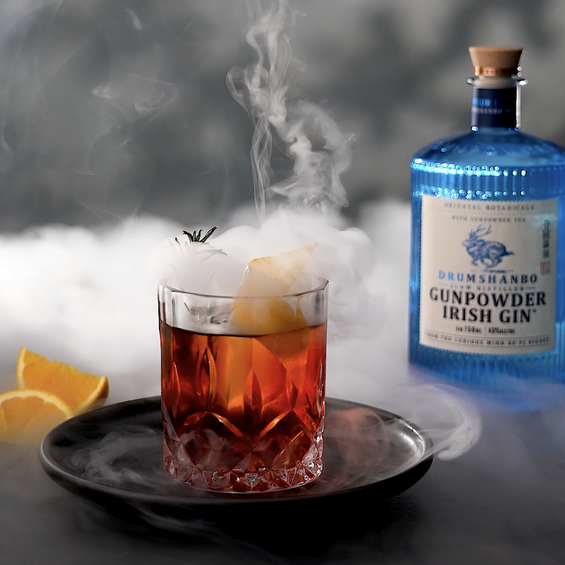 Gunpowder Smoked Negroni a cocktail recipe with Drumshanbo Irish Gin, mezcal, Aperol & Lillet Blanc