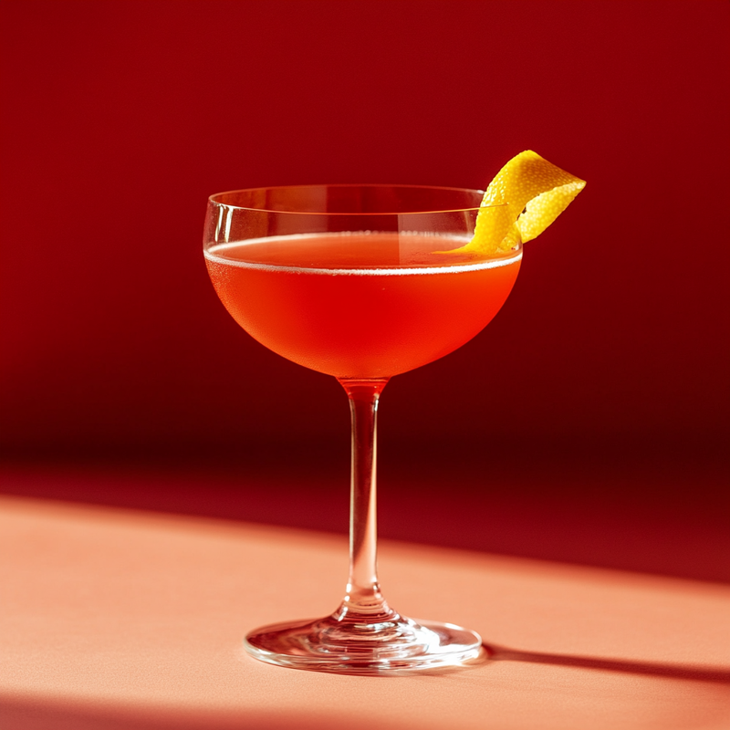 A photo of the Blinker cocktail containing Savage & Cooke Cask Finished Bourbon, Liber & Co. Real Grenadine, Freshly squeezed pink grapefruit juice in a Coupe.