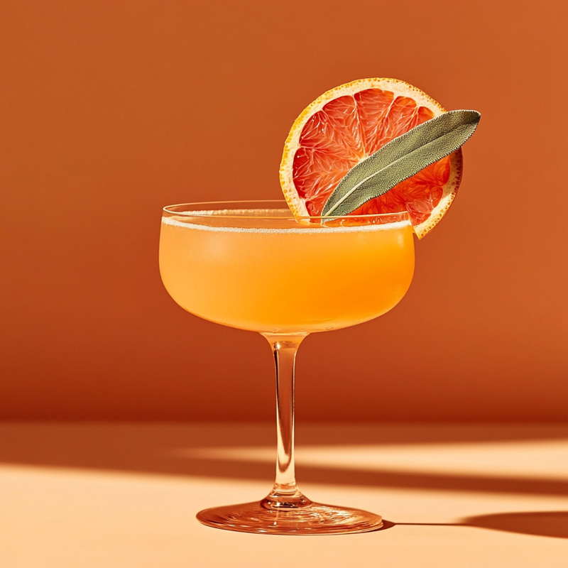 A photo of the Grapefruit Sage Daiquiri cocktail containing Planteray 3 Stars White Rum, Fresh pressed pineapple juice, Honey syrup, Freshly squeezed pink grapefruit juice, Campari Aperitivo, Sage leaves in a Nick & Nora.