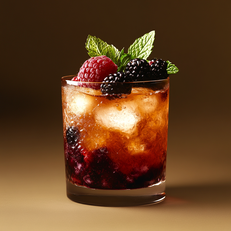 A photo of the Celtic Berry Breeze cocktail containing Blackberries, Raspberries, Mint leaves, Jameson Irish Whiskey, Drambuie Liqueur, LEJAY LAGOUTE Crème de Cassis in a Old-Fashioned.