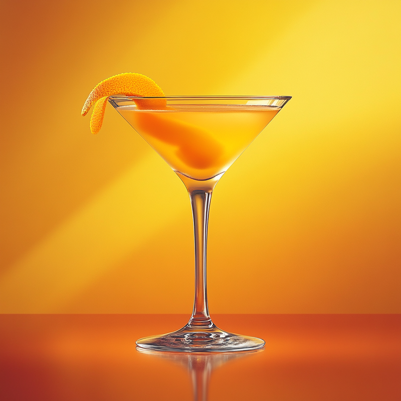A photo of the Orange Bourbon Glow cocktail containing Savage & Cooke Cask Finished Bourbon, Grand Marnier, Freshly squeezed orange juice, Angostura Aromatic Bitters, Chilled water in a Martini.