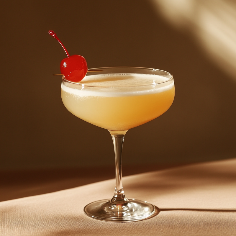 A photo of the Royal Sour cocktail containing Barrow's Intense Ginger Liqueur, Savage & Cooke Cask Finished Bourbon, Freshly squeezed lime juice, Freshly squeezed lemon juice in a Coupe.
