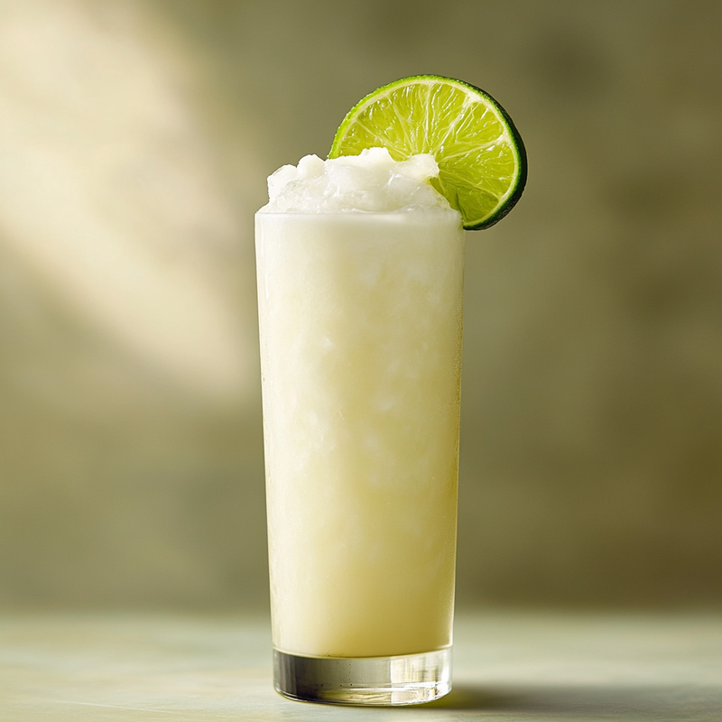 A photo of the Batida cocktail containing Novo Fogo Chameleon Cachaça, Coconut water, Condensed milk, Freshly squeezed lime juice in a Collins.