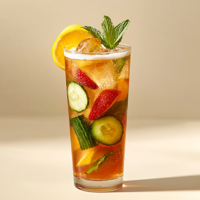 A photo of the Pimm's Cup cocktail containing Pimm's No 1 Cup, Fresh orange, Lemon, English cucumber peeled, Small ripe strawberries (hulled), Lemonade, Ginger ale in a Collins.