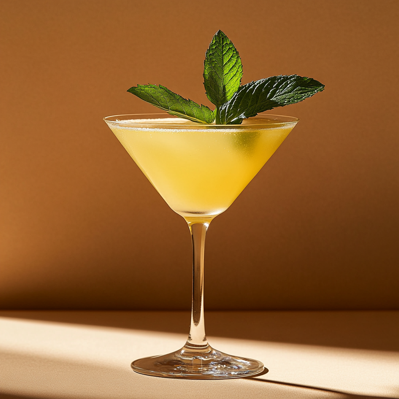 A photo of the Apple Amaretto Breeze cocktail containing Mint leaves, Zubrowka Bison Grass Vodka, Luxardo Amaretto di Saschira Liqueur, Pressed apple juice in a Martini.